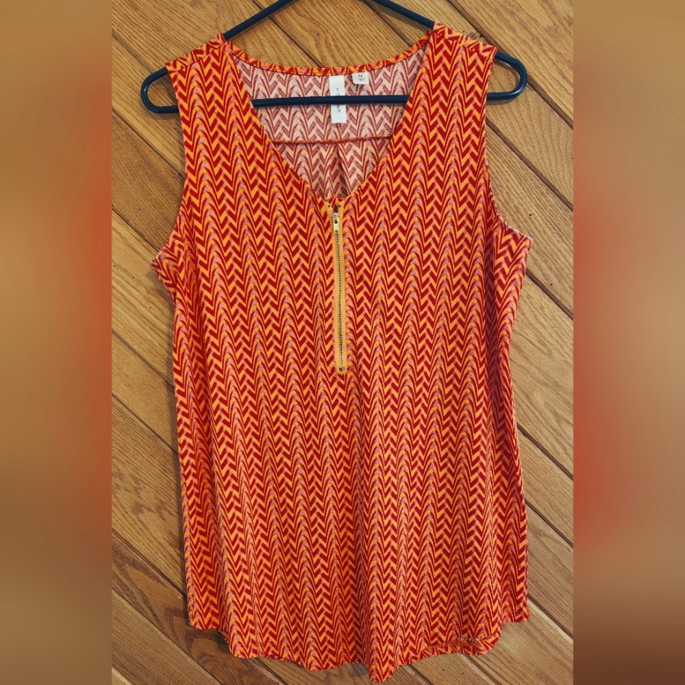 Tacera Red And Orange Zig Zag Zipper Front Medium Tank Top